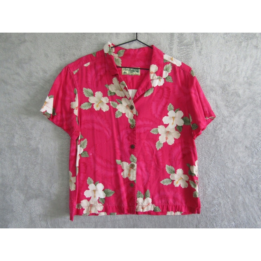 Havana Jacks Cafe Aloha Hawaiian Tropical Shirt Women's L Pink Hibiscus Rayon